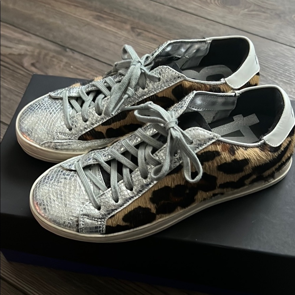 P448 silver and leopard print sneakers